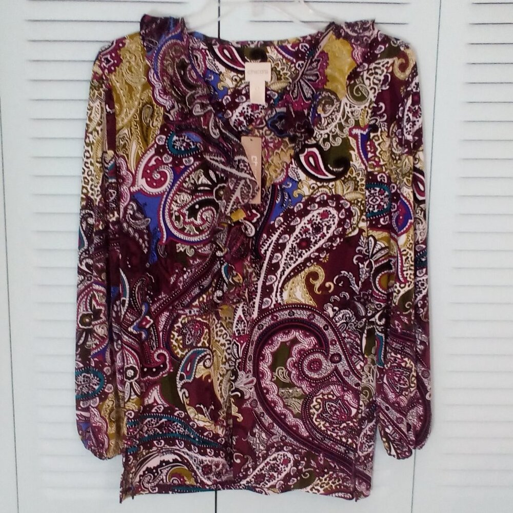 NWT CHICO'S SUBLIME PAISLEY RUFFLE TOP LS KNIT PATTERN MULTI MAROON GOLD NO IRON